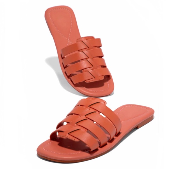 !! NEW !! Soft Vegan Leather Caged Slide Sandals in Deep Coral - Picture 5 of 9